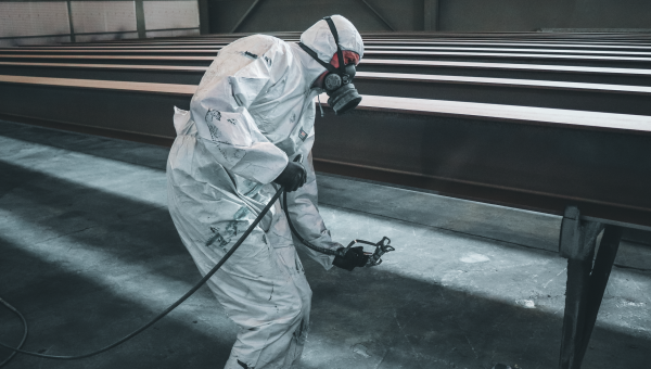 Worker in protective gear spray painting metal beams inside a factory setting.