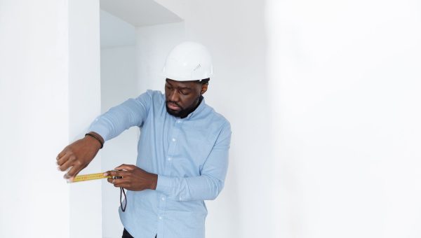 A man in a hard hat measures a wall, showcasing precision in a building interior.